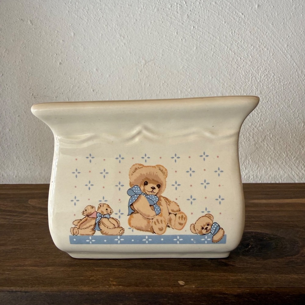 Vintage Tienshan Theodore Country Bear Stoneware Napkin Holder‎ Blue Bow